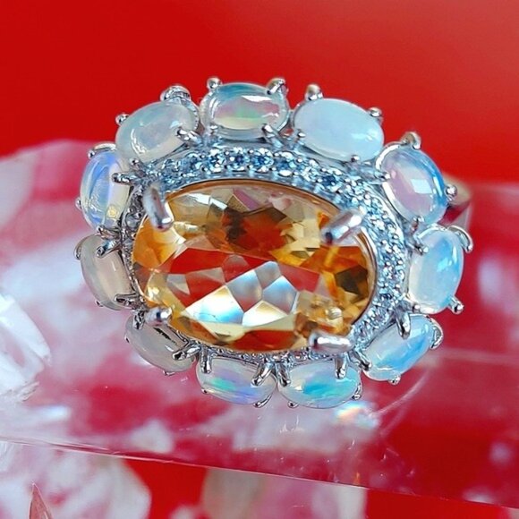 Natural Citrine 14x10mm, Fire Opal & Cz 925 Sterling Silver‎ Ring 8.75 - Picture 3 of 8